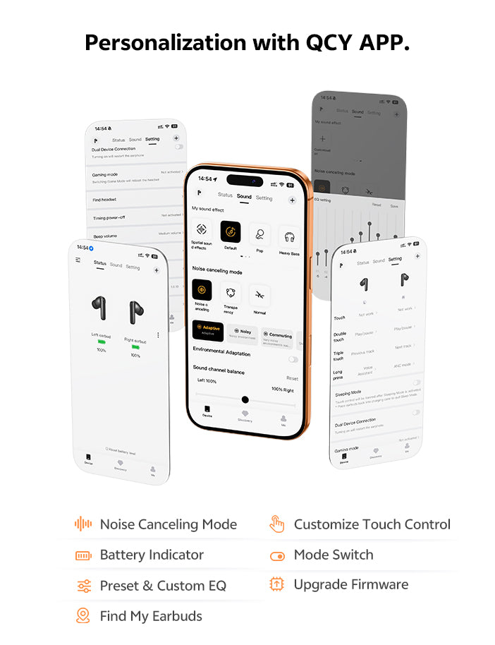 App QCQ per impostazioni personalizzate: cancellazione del rumore, controllo touch, indicatore batteria e ottimizzazione EQ per cuffie