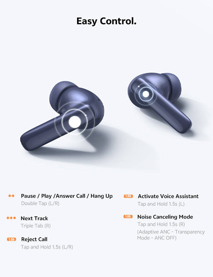 Auricolari Bluetooth con comandi touch semplici: pausa, brano successivo, risposta alle chiamate e cancellazione del rumore.