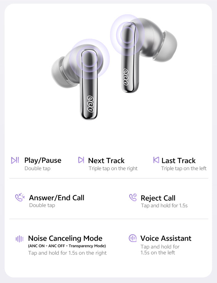 Auricolari in-ear wireless argento con controllo touch: doppio tocco per play/pausa, triplo tocco per cambiare traccia, tenere premuto