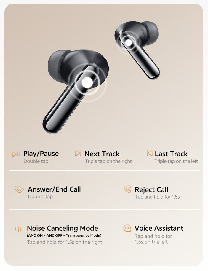 Auricolari True Wireless neri con ANC, controllo touch e assistente vocale.