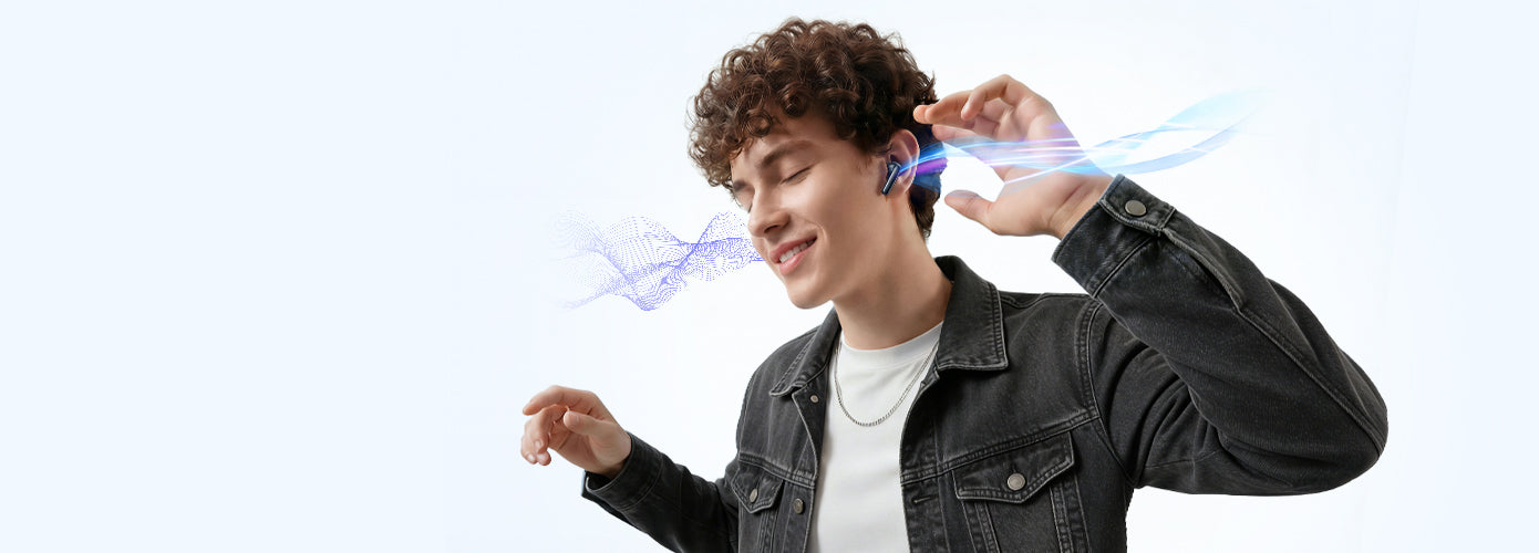 Uomo con auricolari wireless, che gode della musica, onde luminose blu visualizzano il suono.