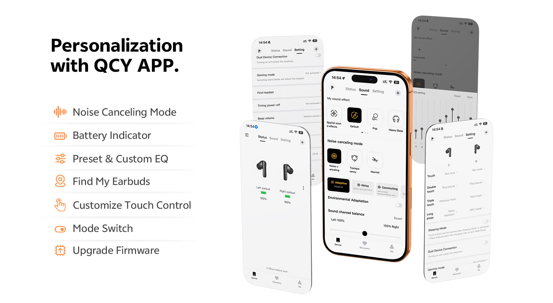 QC Y-App: personalizzazione con cancellazione del rumore, impostazione EQ e controllo touch per auricolari wireless.