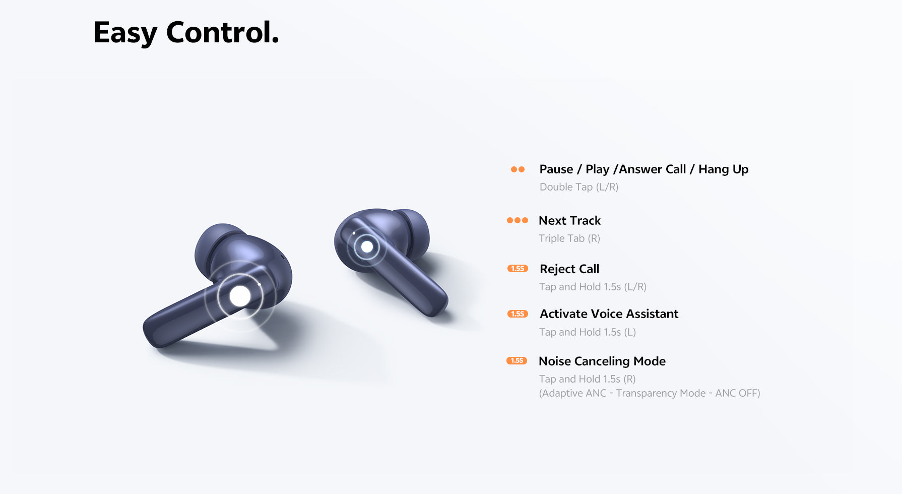 Auricolari Bluetooth con controllo touch: metti in pausa, passa alla traccia successiva, rispondi alle chiamate e attiva la cancellazione del rumore con un tocco.