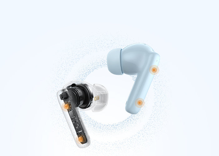 Auricolari Bluetooth con interno trasparente e superficie blu, dettagli di design moderni e componenti tecnici visibili