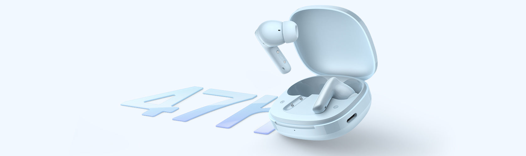 Auricolari Bluetooth di colore azzurro chiaro, custodia di ricarica aperta con un auricolare estratto, 47K sullo sfondo